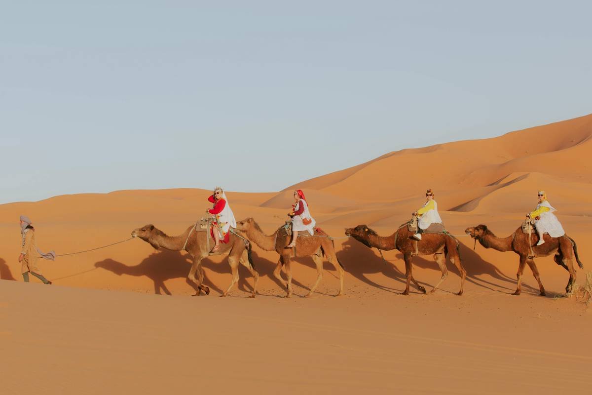 Caravan of camels crossing a vast desert at sunset